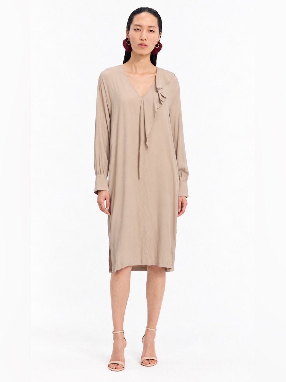 Aglini Women's V-Neck Long Sleeve Ruffle Detail Midi Dress - Beige